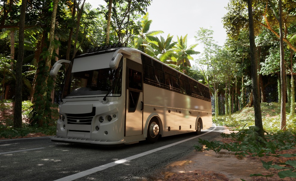 Tourist bus in forest road – South Side